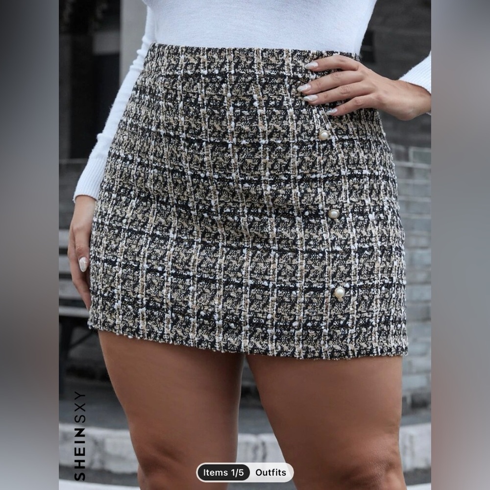 Plus Button Detail Plaid Tweed Skirt. Multi color